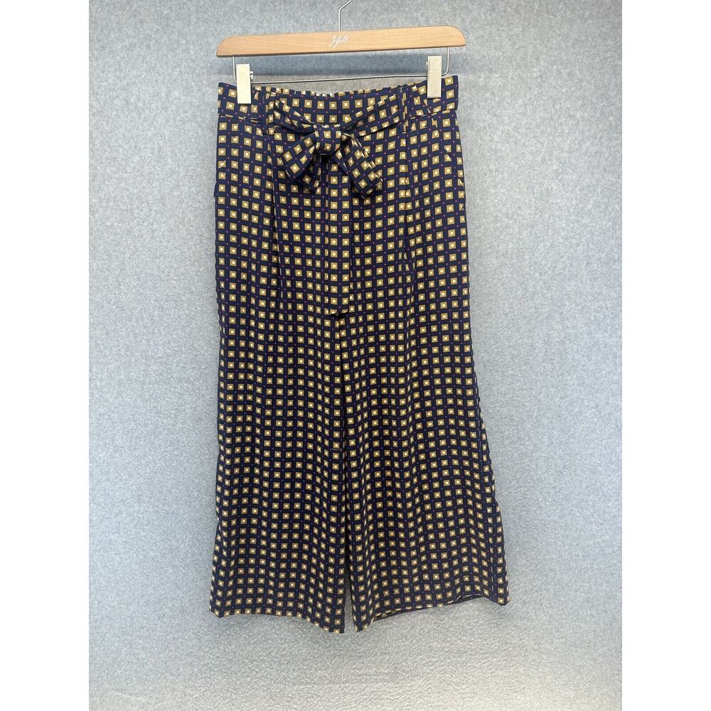 Zara Trafluc Collection Womens Dress Pants Tie Belt Navy Check Print Wide Leg S